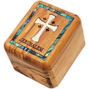 Wooden Box - Mother of Pearl Cross and 'Jerusalem'- 2.75"