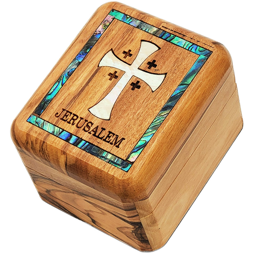 Wooden Box – Mother of Pearl Cross and ‘Jerusalem’- 2.75″