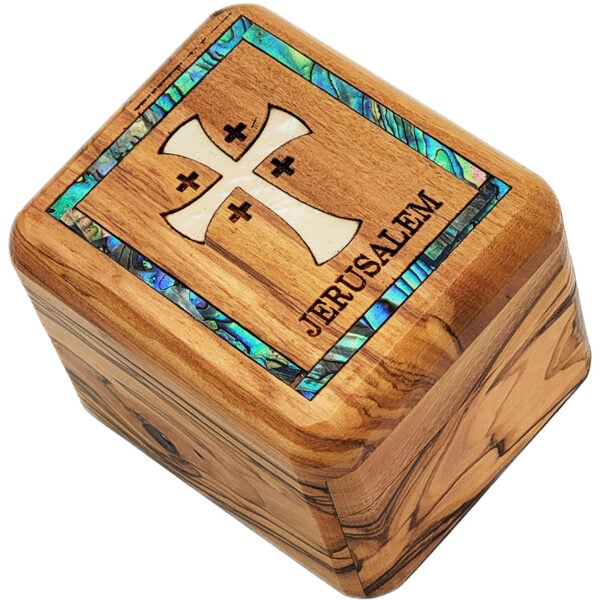 Olive wood box - Mother of Pearl Cross and 'Jerusalem'- 2.75"