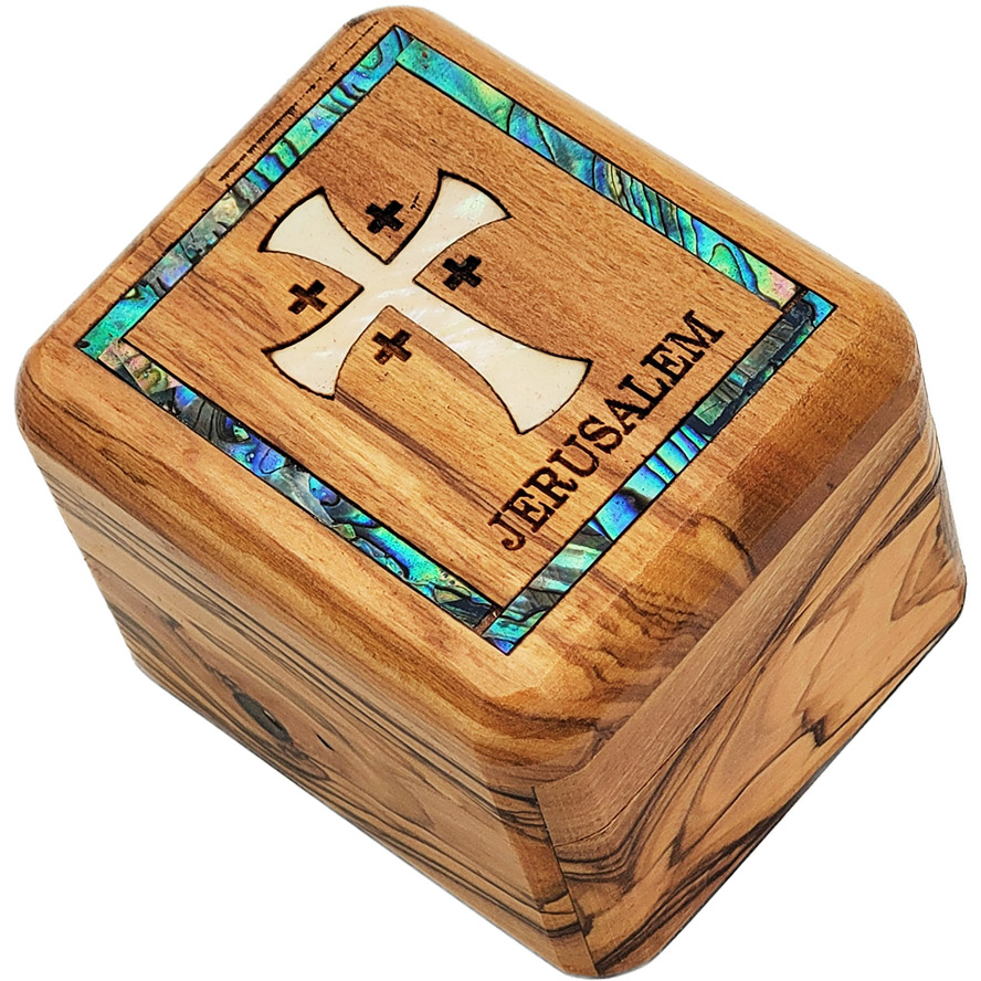 Olive wood box – Mother of Pearl Cross and ‘Jerusalem’- 2.75″