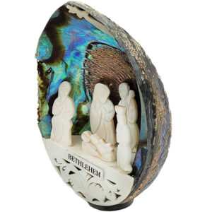 Handmade Nativity Scene in Abalone Shell with Mother of Pearl Figurines - 5" (left view)