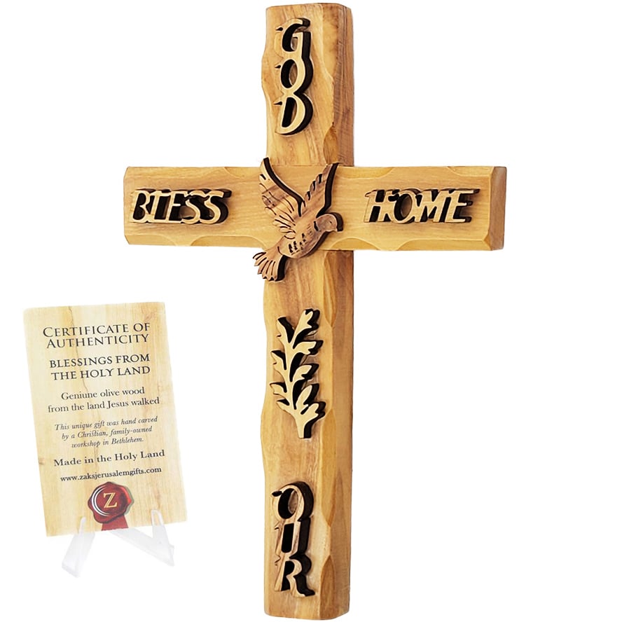 ‘God Bless Our Home’ Olive Wood Wall Hanging Cross from Jerusalem – 6″