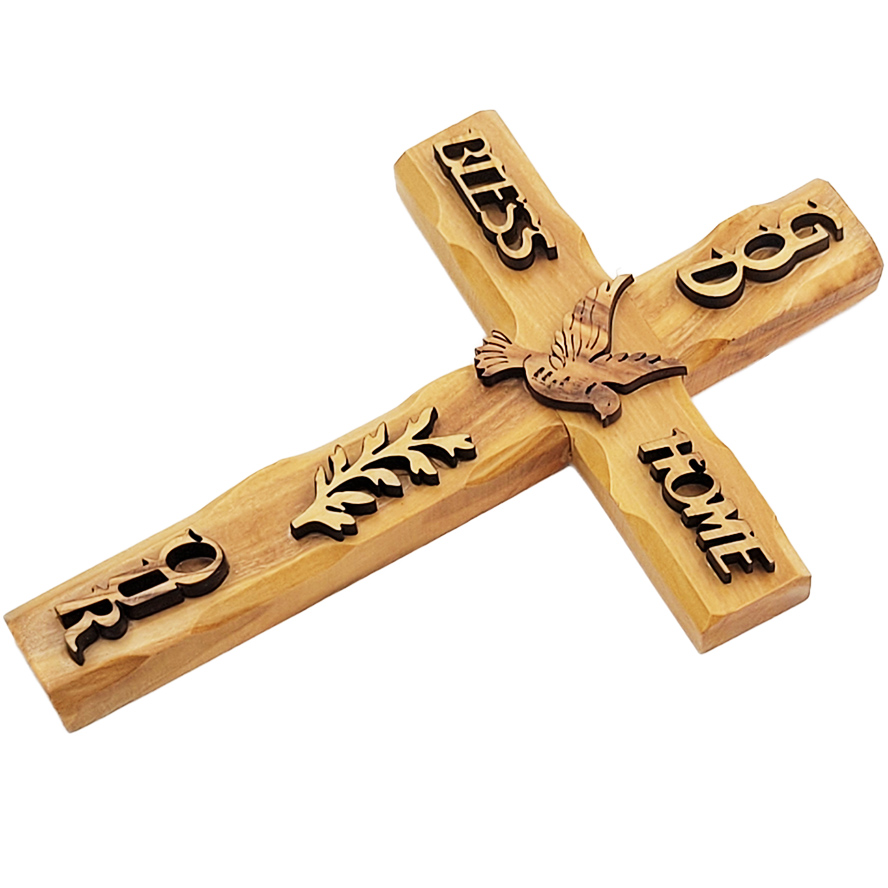 ‘God Bless Our Home’ Olive Wood Wall Hanging Cross from Jerusalem – 6″ (side view)