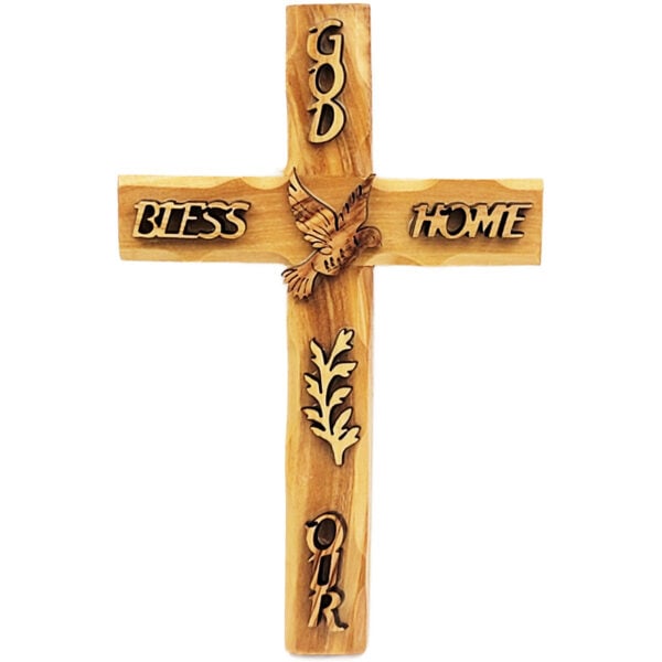 'God Bless Our Home' Olive Wood Wall Hanging Cross from Jerusalem - 6" (front view)