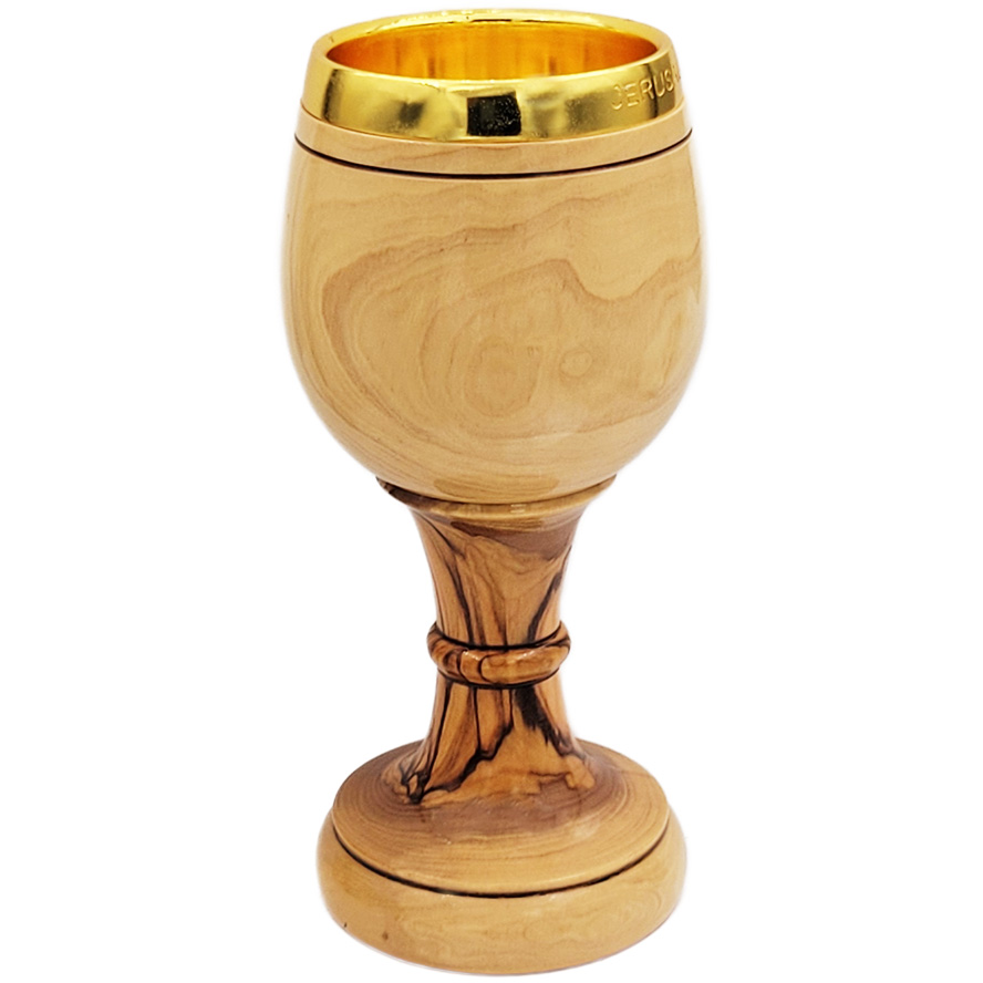 Olive Wood ‘The LORD’s Supper’ Cup with Golden ‘JERUSALEM’ insert – 7″ (side view)
