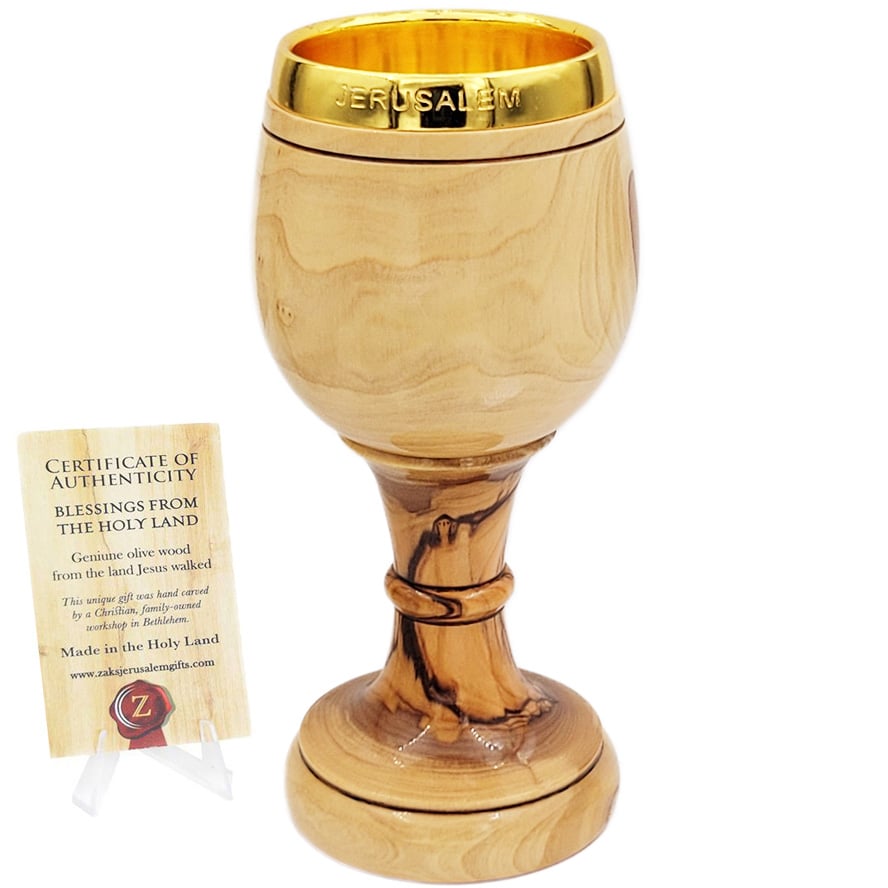 Olive Wood ‘The LORD’s Supper’ Cup with Golden ‘JERUSALEM’ insert – 7″