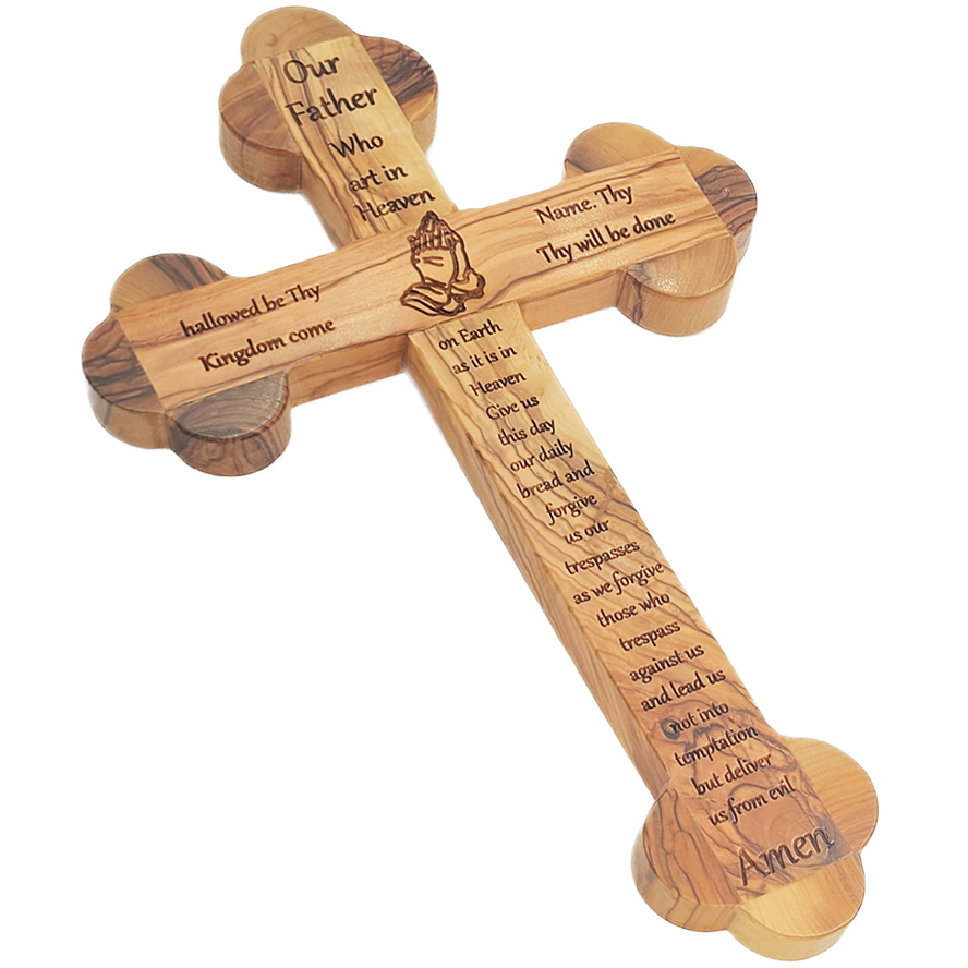 “The LORD’s Prayer” Engraved Olive Wood Cross – Wall Hanging 11″