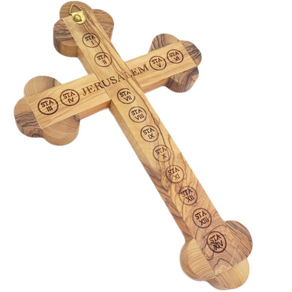 Olive Wood Cross, Wall Hanging - 14 stations on reverse