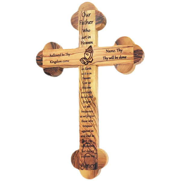 "The LORD's Prayer" Engraved on an Olive Wood Orthodox Cross - Wall Hanging 11"