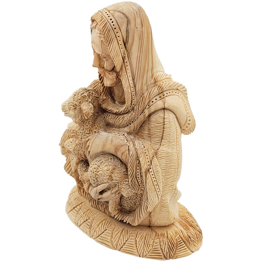 ‘Jesus the Good Shepherd’ Holding a Lamb – Olive Wood Figurine – right view