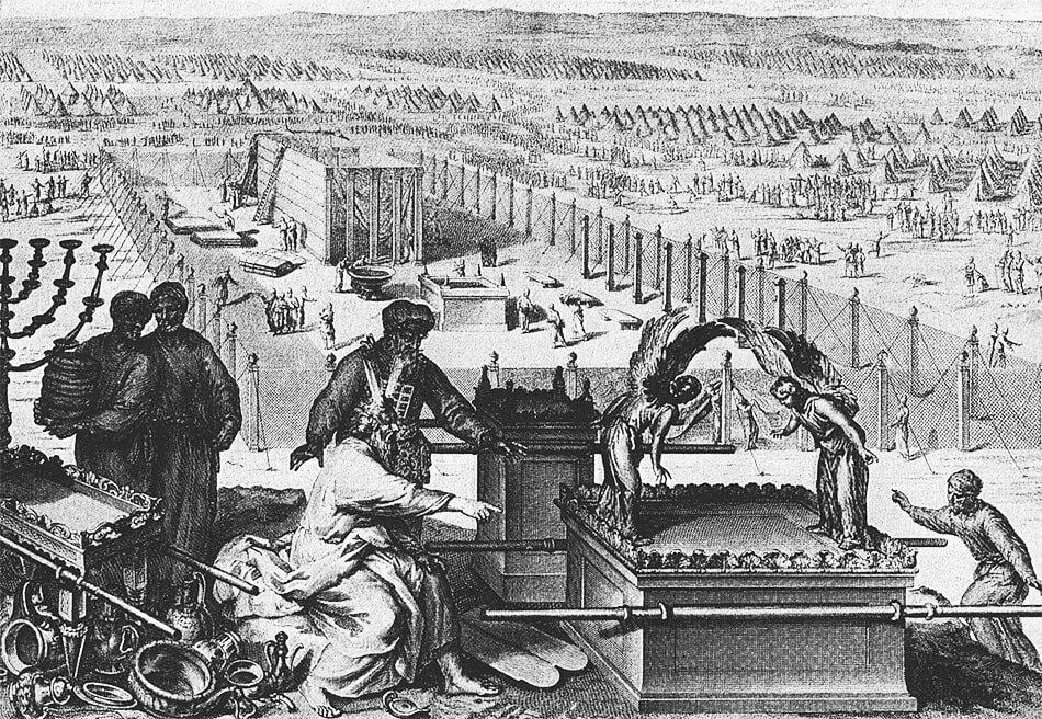 The erection of the tabernacle and the Sacred vessels, as in Exodus 40:17–19; from the 1728 Figures de la Bible