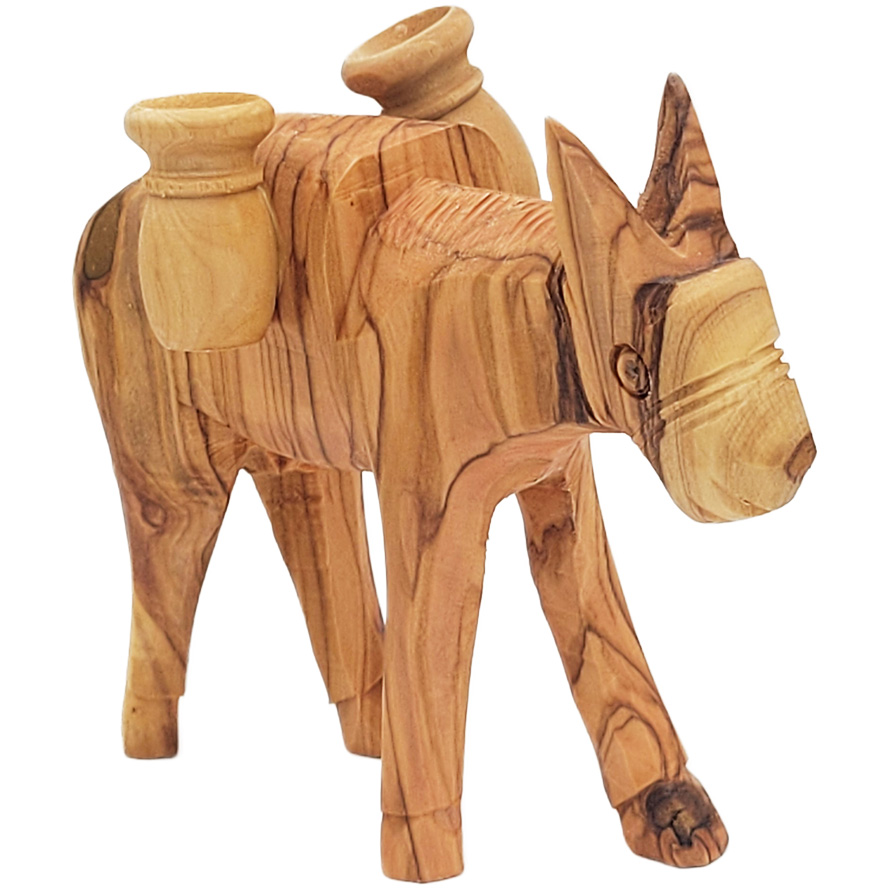 Carved Olive Wood Donkey Carrying Two Pots - Made in Israel - 4"