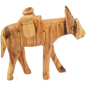 Carved Olive Wood Donkey Carrying Two Pots - Made in Israel - 4" (side view)