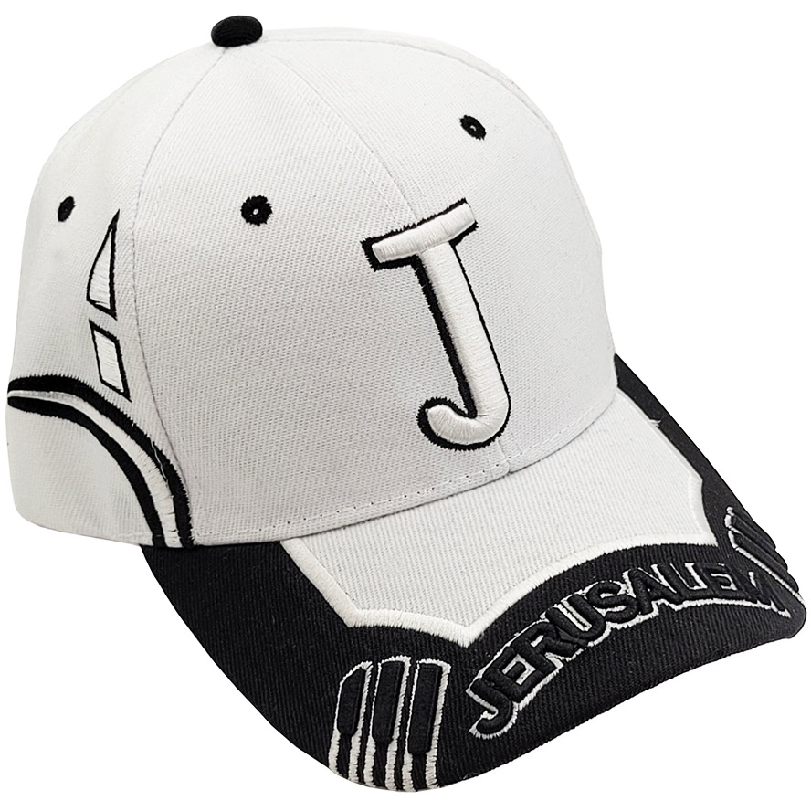 ‘Jerusalem’ Baseball Cap with Large ‘J’ on Front – Black and White (left view)