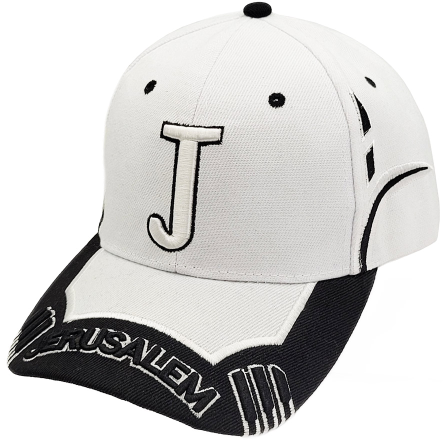 ‘Jerusalem’ Baseball Cap with Large ‘J’ on Front – Black and White