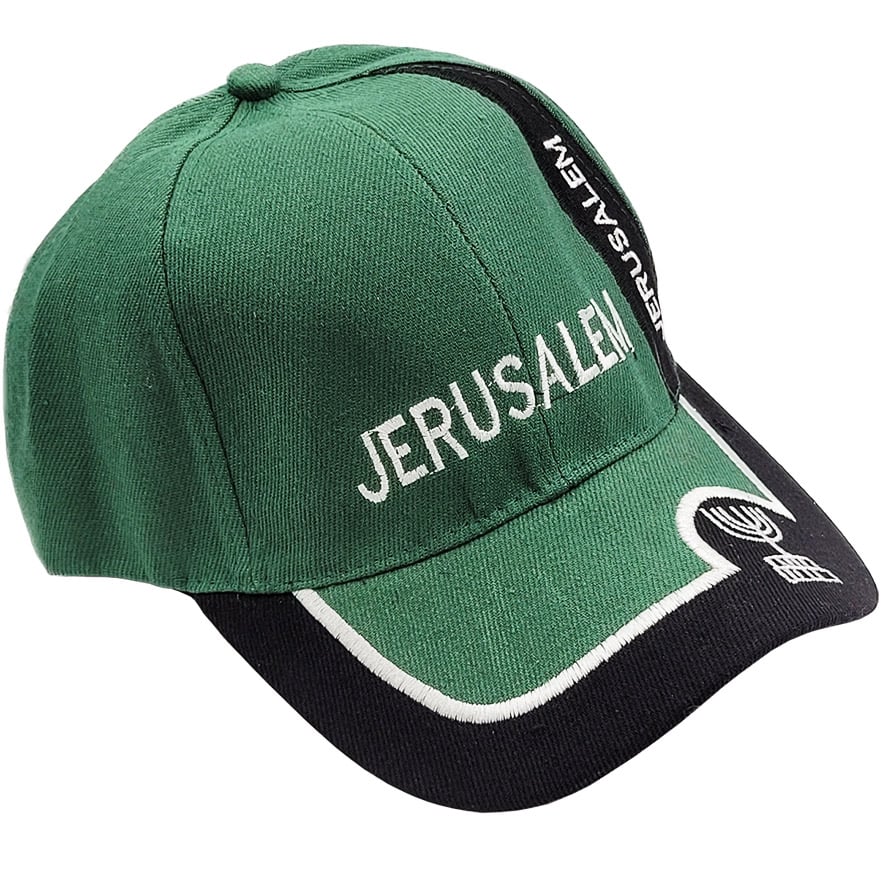 ‘Jerusalem’ Baseball Cap with Menorah in Green and Black (left view)
