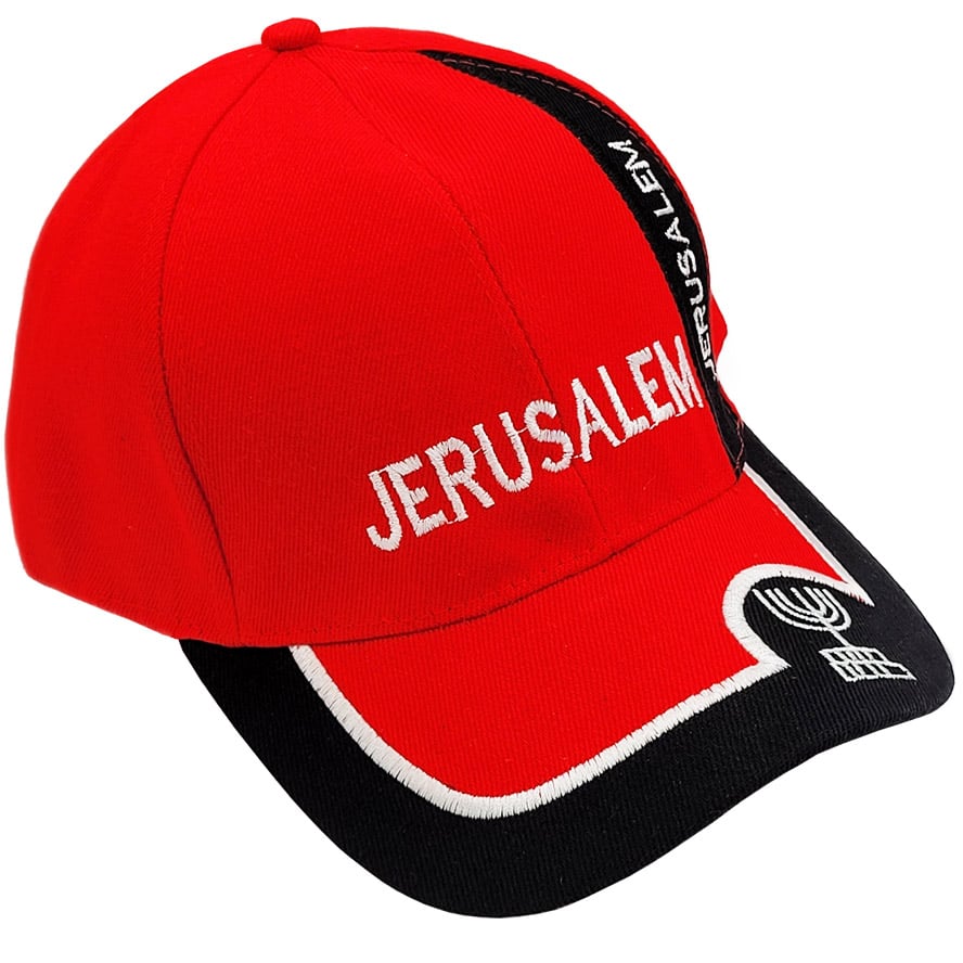 ‘Jerusalem’ Baseball Cap with Menorah in Red and Black (left view)