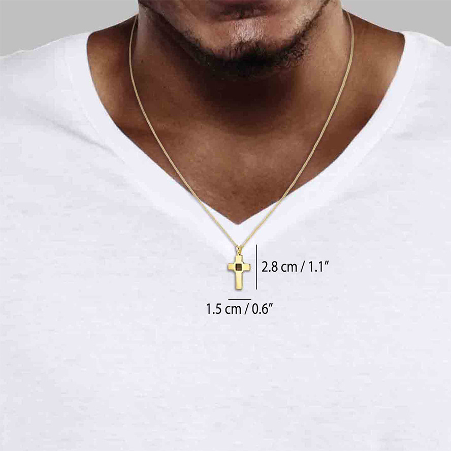 Nano Bible inside a 14k Gold Cross Necklace – Made in Israel – worn by man