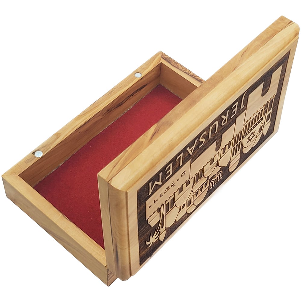Engraved ‘Jerusalem’ with Jewish Symbols Olive Wood Box – Made in Israel – 7″ (open right view)