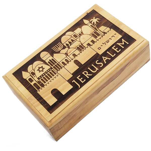 Engraved 'Jerusalem' with Jewish Symbols Olive Wood Box - Made in Israel - 7"