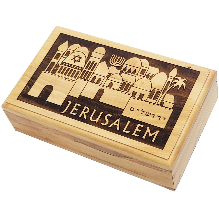 Engraved ‘Jerusalem’ with Jewish Symbols Olive Wood Box – Made in Israel – 7″ (right view)