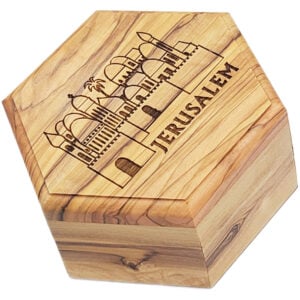 'Jerusalem Old City' Olive Wood Hexagonal Box - Made in Israel - 3.8"