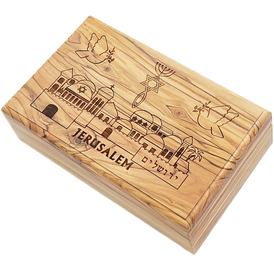 Messianic ‘One New Man’ Engraved ‘Jerusalem’ Olive Wood Box – Made in Israel – 7″