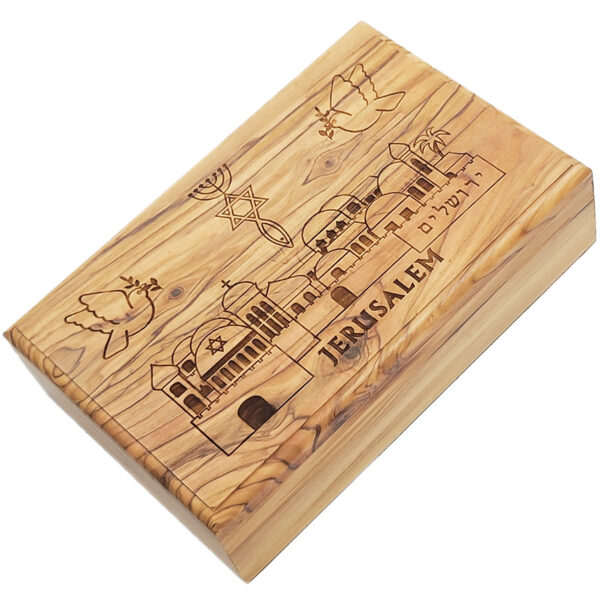 Messianic 'One New Man' Engraved 'Jerusalem' Olive Wood Box - Made in Israel - 7" (left angle)