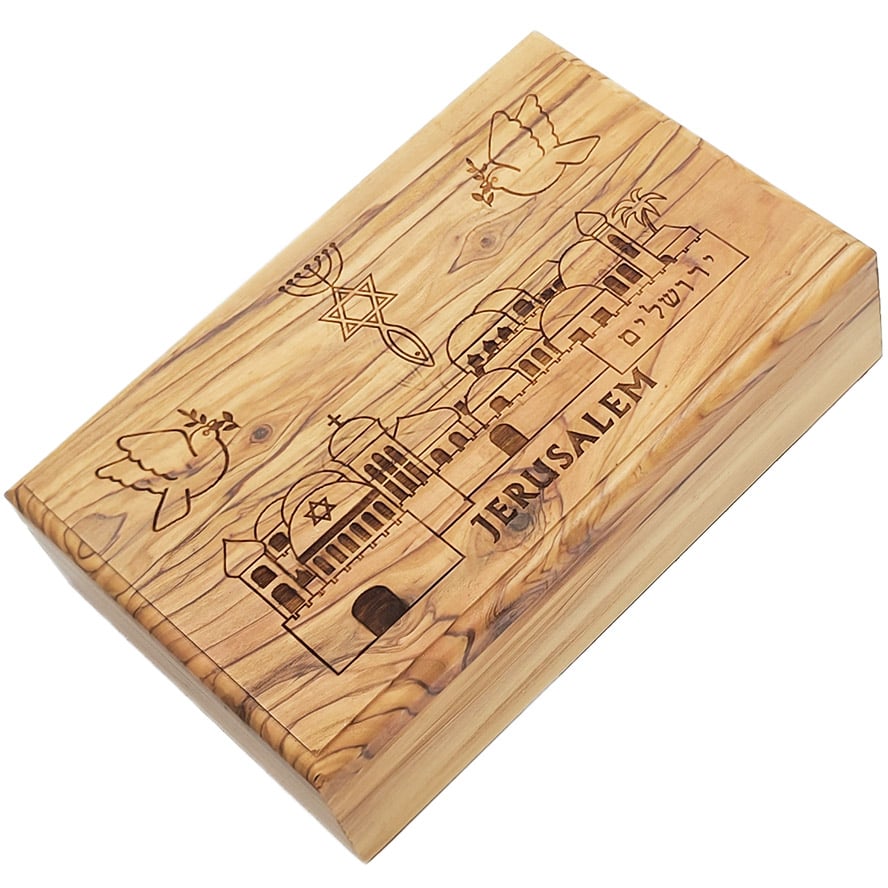 Messianic ‘One New Man’ Engraved ‘Jerusalem’ Olive Wood Box – Made in Israel – 7″ (left angle)