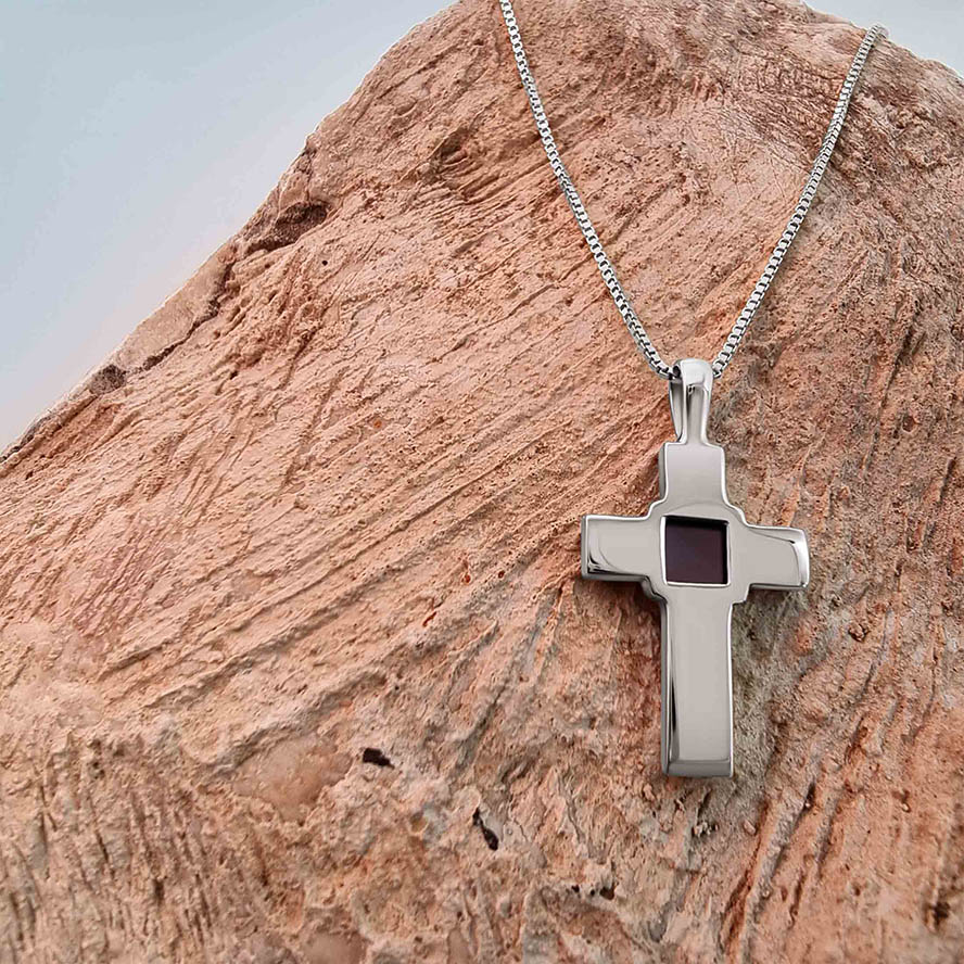 Nano ‘Bible Inside’ Sterling Silver Cross Necklace – Made in Israel (on a rock)