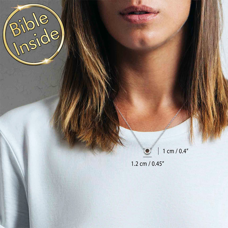 Nano ‘Bible Inside’ Sterling Silver ‘Flower of Love’ Necklace – Worn by model