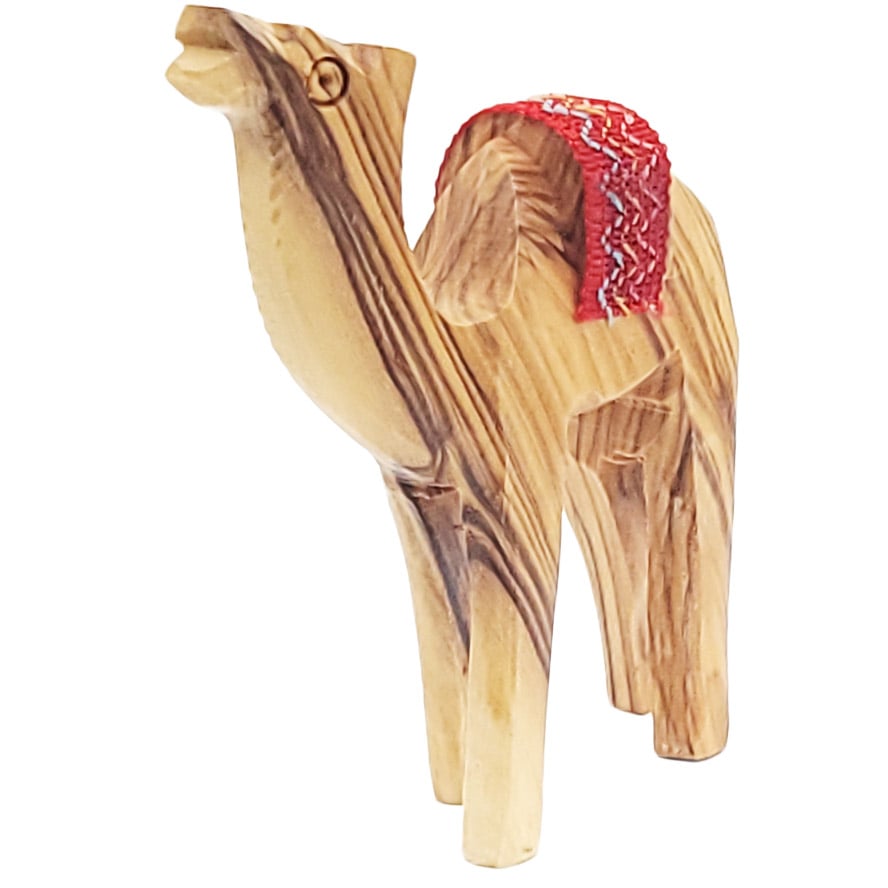 Olive Wood Camel with Embroidered Cloth Saddle – Made in Israel (angle view)
