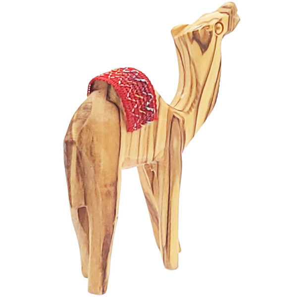 Olive Wood Camel with Embroidered Cloth Saddle - Made in Israel (rear view)