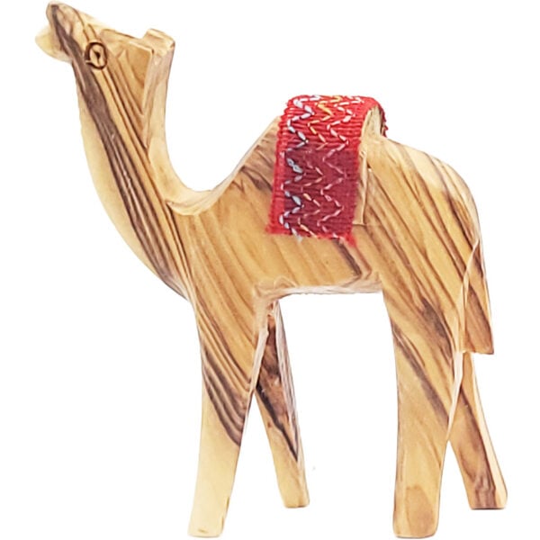 Olive Wood Camel with Embroidered Cloth Saddle - Made in Israel (side view)