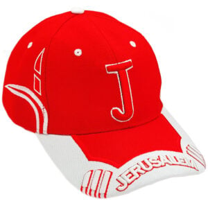 'Jerusalem' Baseball Cap Featuring an Oversized 'J' on Front - Red and White (left view)