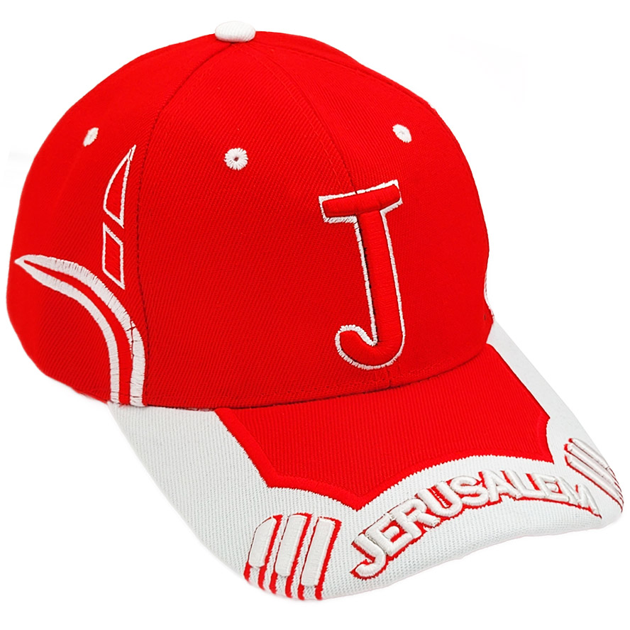 ‘Jerusalem’ Baseball Cap Featuring an Oversized ‘J’ on Front – Red and White (left view)