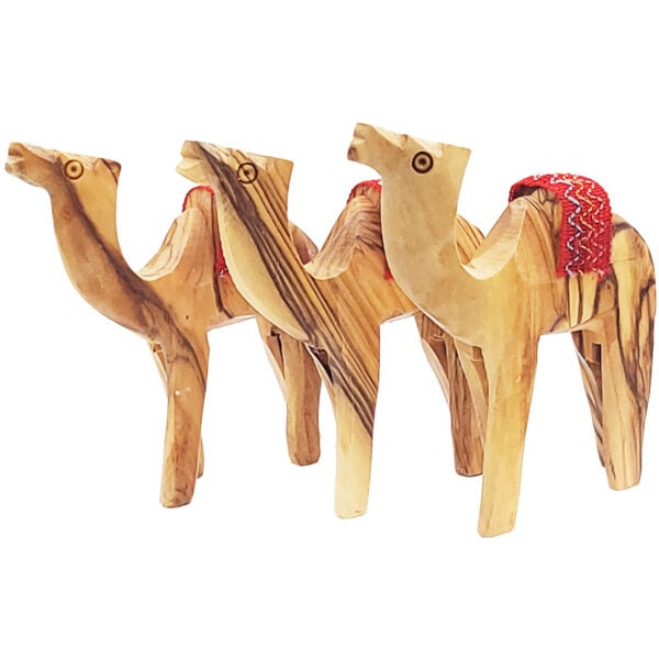 Three Olive Wood Camels with Embroidered Cloth Saddle - Made in Israel (right view)