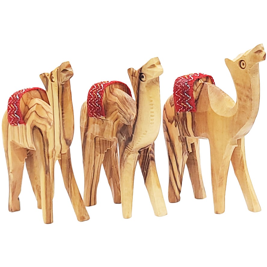 Three Olive Wood Camels with Embroidered Cloth Saddle - Made in Israel