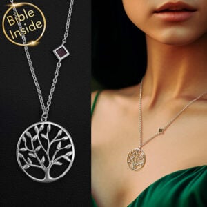 Nano 'Bible Inside' Sterling Silver 'Tree of Life' Necklace - Made in Israel - worn by model