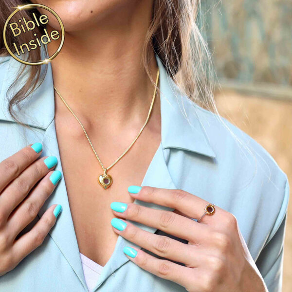 Nano Bible inside a 14k Gold 'The Heart of God' Necklace - worn by model