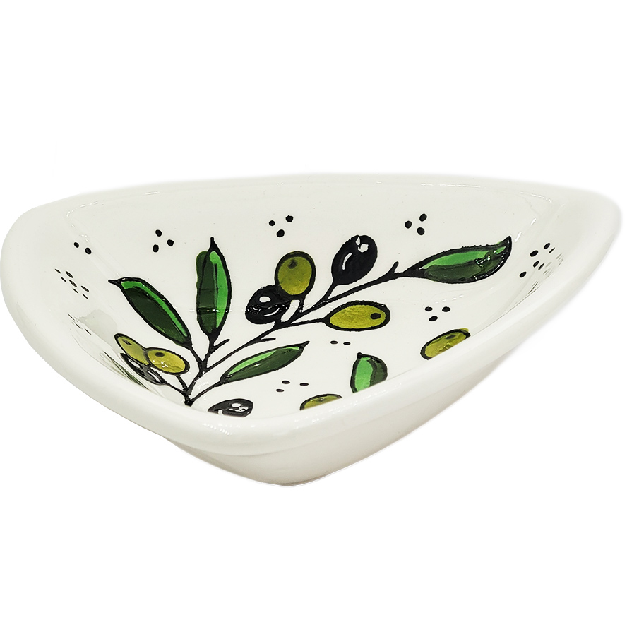Armenian Ceramic ‘Olive Design’ Triangle Serving Dish from Jerusalem – side view