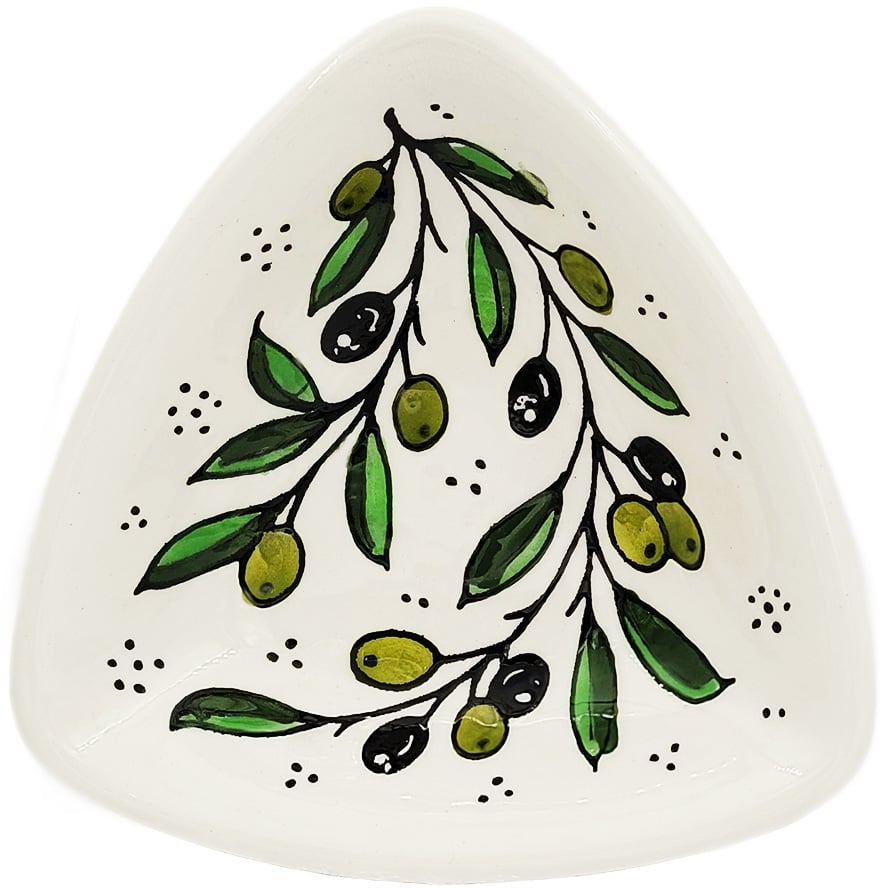 Armenian Ceramic ‘Olive Design’ Triangle Serving Dish from Jerusalem – upper view
