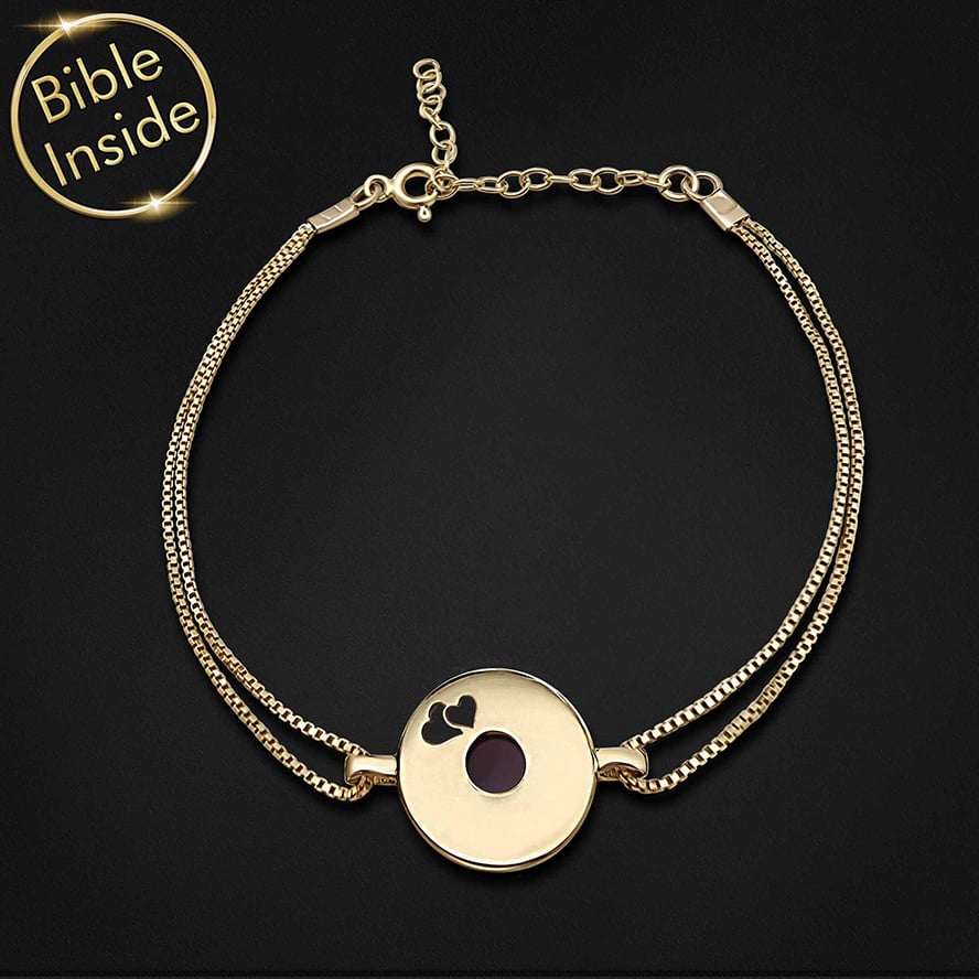 Nano ‘Bible Inside’ 14k Gold ‘Hearts in a Circle’ Bracelet – dark background