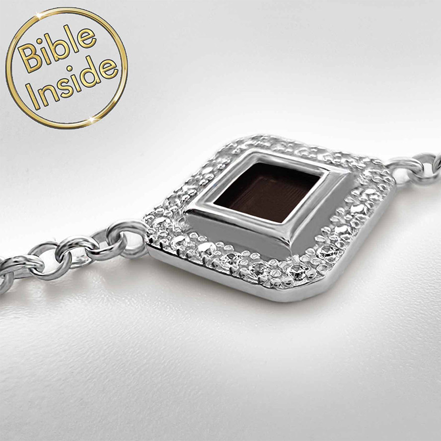 Nano ‘Bible Inside’ Sterling Silver ‘Diagonal Square’ Bracelet with Zirconia – angle view
