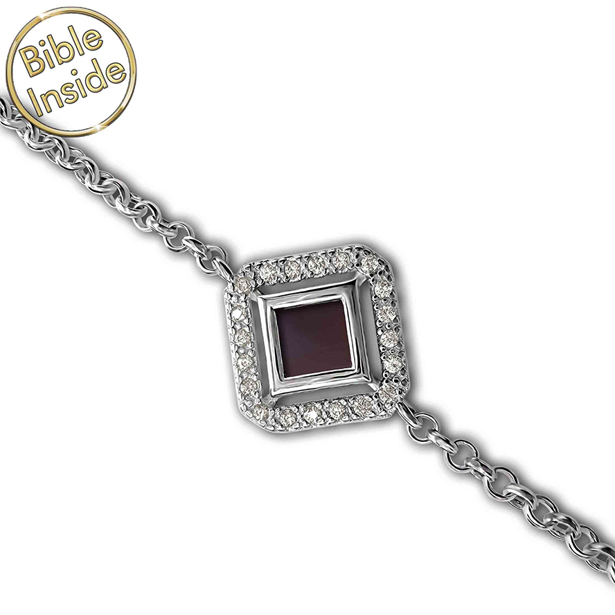 Nano ‘Bible Inside’ Sterling Silver ‘Diagonal Square’ Bracelet with Zirconia – Made in Israel