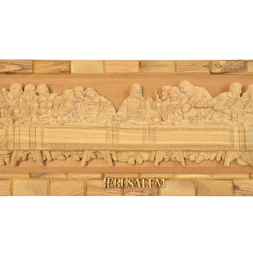 ‘The Last Supper’ Olive Wood Wall Plaque from Jerusalem – 24″ (close-up)
