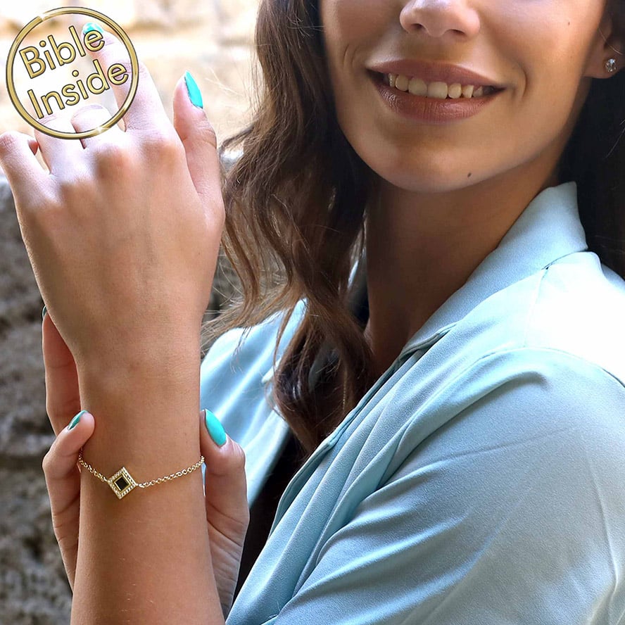 Nano ‘Bible Inside’ 14k Gold ‘Diagonal Square’ Bracelet with Zirconia – worn by model