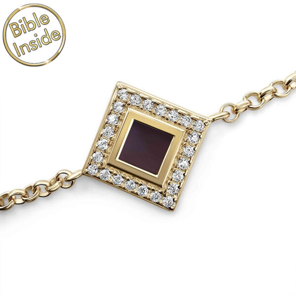Nano 'Bible Inside' 14k Gold 'Diagonal Square' Bracelet with Zirconia - Made in Israel