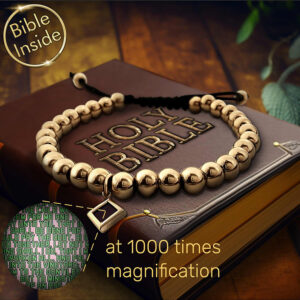 Nano 'Bible Inside' Gold Plated Stainless Steel Beads Bracelet -on a Bible