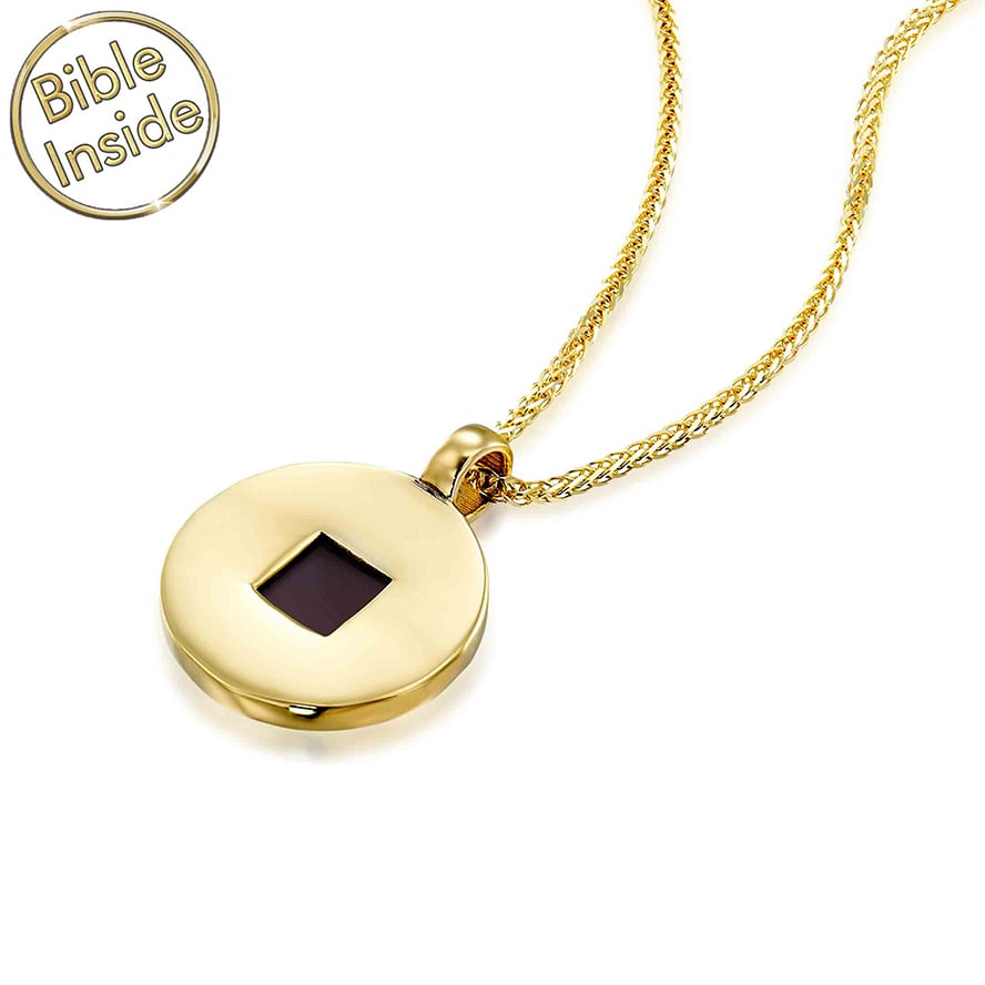 Nano Bible inside a 14k Gold ‘Circle’ Necklace – Made in Israel (side angle)